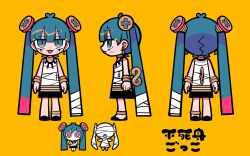  2girls :3 aimaina anklet antenna_hair aqua_eyes aqua_hair bandage_on_hair bracelet dress earrings fujimi_gokko_(vocaloid) hatsune_miku highres jewelry long_hair multiple_girls open_mouth simple_background terada_tera translation_request very_long_hair vocaloid white_dress winding_key yellow_background 