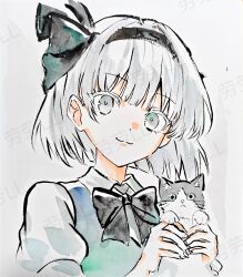  1girl animal artist_name baby_animal black_bow black_bowtie black_hairband bow bowtie cat chinese_commentary closed_mouth collared_shirt commentary_request green_vest grey_eyes grey_hair hairband highres holding holding_animal holding_cat kitten konpaku_youmu l0e9s29p looking_at_viewer puffy_short_sleeves puffy_sleeves shirt short_hair short_sleeves smile solo touhou traditional_media upper_body vest watermark watermark_grid white_shirt 