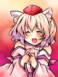  2011_sendai_earthquake_and_tsunami :d animal_ears bust chiya closed_eyes detached_sleeves eyes_closed fang hat inubashiri_momiji lowres open_mouth smile solo tokin_hat touhou white_hair wolf_ears 