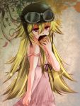  bakemonogatari blonde_hair doughnut dress eating food goggles goggles_on_head hat helmet highres long_hair monogatari_(series) oshino_shinobu red_eyes sara_yuuki slit_pupils solo strap_slip yuuki_sara 