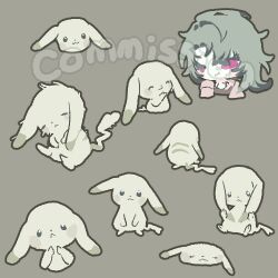  1girl :< alternate_form animal_focus chibi chibi_inset commission droopy_ears ears_down full_body grey_background grey_fur grey_hair jacket joo_gumoon looking_at_viewer lowres multiple_views peakychu pikachu pink_eyes pink_jacket pokemon pokemon_(creature) pokemon_focus pokemon_pokopia simple_background solo_focus 