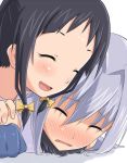  black_hair blush closed_eyes engi_threepiece eyes_closed gloves grey_hair hair_ribbon komakedara kounagi_yui multiple_girls ribbon smile yumekui_merry yuri 