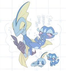  blue_skin blush colored_eyelashes colored_skin dreaming evolutionary_line gecko gecqua highres holding holding_pokemon inteleon lizard long_eyelashes pokemon pokemon_(creature) pokemon_focus sobble speech_bubble thought_bubble uochandayo violet_eyes water_type_theme_(pokemon) yellow_eyes zzz 