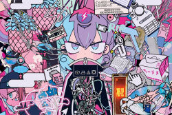  1girl bandaid bandaid_on_cheek bandaid_on_face blue_eyes blue_hair cable cassette_tape cellphone commentary cursor earphones electric_plug food hair_between_eyes hair_ornament hat jacket looking_at_viewer multicolored_hair original phone plant purple_hair scissors short_hair speech_bubble terada_tera tissue tissue_box upper_body 