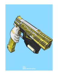  10mm_pistol blue_background border fallout fallout_4 fritzyhoho golden_gun gun handgun highres no_humans weapon weapon_focus white_border 