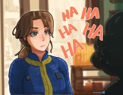  2girls blue_jumpsuit breasts brown_eyes brown_hair closed_mouth commentary day english_commentary fallout fallout_(prime_video) fritzyhoho highres indoors jumpsuit long_hair low_ponytail lucy_maclean ma_june medium_breasts multiple_girls parted_bangs ponytail small_sweatdrop solo_focus sweat vault_suit window 