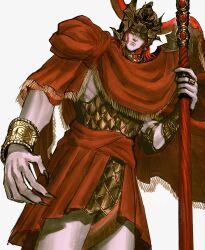  1boy animal_on_shoulder armor black_nails black_snake chainmail closed_mouth colored_eyelashes colored_skin commentary cowboy_shot dutch_angle elden_ring elden_ring:_shadow_of_the_erdtree english_commentary fringe_trim grey_skin helmet highres holding holding_polearm holding_weapon medium_hair messmer_the_impaler one_eye_closed polearm rashuu red_hair red_shawl red_snake scale_armor shawl single_bracelet single_vambrace snake snake_on_shoulder snake_wrapped_around_body solo spear symbol-shaped_pupils vambraces weapon white_background winged_helmet yellow_eyes 