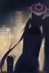  1boy 1girl animal_ears aqua_ribbon bag black_coat black_hair black_scarf blue_archive blue_sky blurry bokeh building cat_ears cat_girl coat commentary_request depth_of_field facing_ahead from_behind fujiwara_haru_(nekonote) hair_ribbon halo head_on_another's_shoulder highres leaning_on_person long_hair night out_of_frame outdoors pink_halo ribbon scarf school_bag sensei_(blue_archive) serika_(blue_archive) sitting sky skyscraper star_(sky) starry_sky twintails very_long_hair window_light 