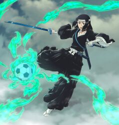  1girl absurdres alternate_universe asymmetrical_dual_wielding ball bandaged_hand bandages black_collar black_eyes black_hair black_hakama bleach collar commentary dual_wielding full_body hakama hakama_pants headband highres holding holding_knife holding_sword holding_weapon japanese_clothes knife kurosaki_karin open_mouth pants scar scar_on_cheek scar_on_face sheath shihakusho soccer_ball socks solo sonzhondaya sword weapon white_headband white_socks 
