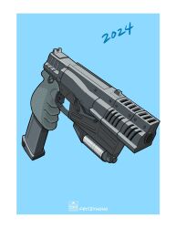  10mm_pistol 2024 blue_background border commentary english_commentary fallout fallout_4 fritzyhoho gun handgun highres no_humans weapon weapon_focus white_border 