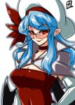  adult bat_wings beret bespectacled blue_hair breasts cleavage elbow_gloves glasses gloves hat pointy_ears red_eyes remilia_scarlet short_hair solo sunglasses tajima_yuuki touhou wings 