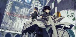  2girls black_eyes black_hair blonde_hair blue_eyes brodie_helmet building chito_(shoujo_shuumatsu_ryokou) coat combat_helmet fur_trim green_coat grey_helmet gun gun_on_back half-track helmet highres huibailanqiqiu jacket kettenkrad long_hair long_sleeves military_uniform motor_vehicle multiple_girls outdoors post-apocalypse ruins shoujo_shuumatsu_ryokou stahlhelm weapon weapon_on_back wreckage yuuri_(shoujo_shuumatsu_ryokou) 