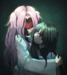  2girls alien_stage black_hair candlepandaa collar commentary dress english_commentary green_background heart highres long_hair long_sleeves metal_collar mizi_(alien_stage) multiple_girls pink_hair signature sua_(alien_stage) twintails violet_eyes white_dress zombie_stage 