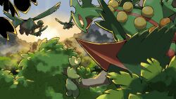  blacknirrow closed_mouth clouds commentary evolutionary_line flying highres in_tree leaf looking_at_another mega_pokemon mega_sceptile outdoors pokemon pokemon_(creature) pokemon_focus sceptile sky tree treecko tropius 