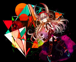  1girl abstract_background bare_shoulders black_background black_bow black_dress black_thighhighs blonde_hair boots bow choker colored_inner_hair colorful_background commentary crystal demon_girl demon_horns demon_tail detached_sleeves diamond_(gemstone) dress full_body gem gradient_hair grey_eyes hair_bow holding holding_microphone horns long_hair looking_at_viewer microphone multicolored_hair original pink_hair purple_hair red_ribbon ribbon solo tail terada_tera thigh-highs thigh_boots triangle two-tone_hair very_long_hair 