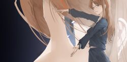  1girl bang_dream! bang_dream!_it's_mygo!!!!! blue_serafuku blue_shirt blue_skirt brown_hair chinese_commentary commentary_request from_side grey_neckerchief highres hua_hua_de_mao long_hair long_sleeves looking_at_viewer multiple_views nagasaki_soyo neckerchief outstretched_arms pleated_skirt profile sailor_collar school_uniform serafuku shirt skirt standing tsukinomori_school_uniform white_sailor_collar 