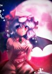  bat_wings bloom blue_hair dress full_moon hat highres ikmg jewelry light_particles light_smile looking_at_viewer moon necklace pink_dress red_eyes remilia_scarlet solo touhou wings 