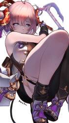  1girl ahoge axe battle_axe breasts chichiri commentary_request draph granblue_fantasy holding holding_axe horns huge_breasts pink_hair platform_sandals sandals shimashima_(simasima_23) short_hair signature simple_background single_sock single_thighhigh smile socks solo thigh-highs weapon white_background white_eyes 