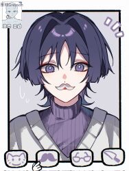  1boy animal_print artist_name bishounen blunt_ends border casual cat_print choppy_bangs contemporary cursor eyeliner fake_facial_hair fake_mustache genshin_impact grey_background grey_pupils hair_intakes highres jairosan knife_print large_variant_set looking_at_viewer makeup male_focus mustache_print notice_lines official_alternate_costume open_mouth parted_lips portrait print_eyewear purple_hair purple_sweater red_eyeliner reference_inset ribbed_sweater scaramouche_(genshin_impact) shirt solo straight-on sweatdrop sweater tsurime turtleneck turtleneck_sweater v-neck variant_set violet_eyes wanderer_(fairy_tale_cat)_(genshin_impact) wanderer_(genshin_impact) white_border white_shirt 