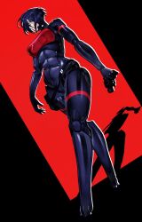  1girl android black_hair blue_eyes cyberpunk elster_(signalis) highres holding joints metal_skin robot_girl robot_joints science_fiction short_hair signalis simple_background weapon zorb11s 