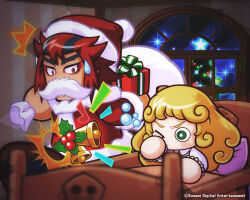 >_o 1boy 1girl ^^^ artist_request bell black_hair blonde_hair box christmas christmas_tree commentary_request copyright_notice curly_hair fake_facial_hair fake_mustache gift gift_box green_eyes hat holding holding_gift holding_sack indoors jikkyou_powerful_pro_yakyuu jikkyou_powerful_pro_yakyuu_(style) jikkyou_powerful_soccer kimera_(power_soccer) kirin_(power_soccer) long_hair mismatched_eyebrows multicolored_hair no_mouth official_art on_bed one_eye_closed red_eyes red_hair rubbing_eyes sack sanpaku santa_costume santa_hat shirt waking_up white_shirt window 