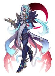  1boy absurdres aqua_hair arm_behind_back artist_name blue_bodysuit bodysuit closed_mouth coat colored_extremities dottore_(genshin_impact) dottore_(heretic_of_the_false_moon)_(genshin_impact) earrings eye_mask full_body genshin_impact highres jewelry long_hair long_legs male_focus mask ponyrlucy single_earring smile solo syringe_earrings white_coat 