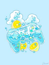  absurdres air_bubble blue_background blue_theme bubble clouds commentary_request controller fish food fruit game_controller highres hiro046k lemon lemon_slice no_humans object_focus original signature simple_background water 