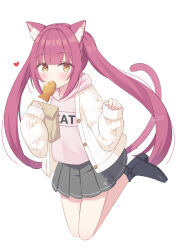  1girl animal_ears bag black_bow black_shoes black_skirt blush bow cardigan cat_ears cat_girl cat_tail commentary food footwear_bow furutori heart highres holding holding_bag hood hoodie long_hair looking_at_viewer mouth_hold open_cardigan open_clothes original paper_bag paw_print pink_hair pink_hoodie pink_tail pleated_skirt shoes short_sleeves signature simple_background skirt solo tail taiyaki twintails wagashi white_background white_cardigan yellow_eyes 