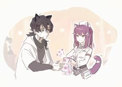  1boy 1girl animal_ears arknights bandana bandana_around_neck black_bandana cat_ears cat_girl cat_tail commentary_request giving guard_(arknights) hat highres jacket layered_sleeves long_sleeves medium_hair percival_(arknights) pink_hair s_a_s_i_m_i scar scar_on_cheek scar_on_face scar_on_neck scar_on_nose short_over_long_sleeves short_sleeves smile tail towel white_hat white_jacket yellow_eyes 