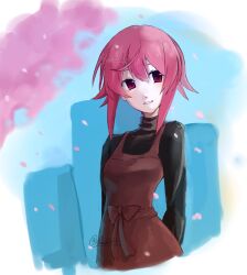  black_sweater brown_dress casual chaos;child commentary dress efunohitof4 grin highres onoe_serika pinafore_dress pink_eyes pink_hair science_adventure sleeveless sleeveless_dress smile sweater turtleneck untranslatable_commentary 