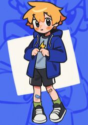  1boy bandaid bandaid_on_knee bandaid_on_leg black_shoes black_shorts blonde_hair blue_background blue_eyes blue_jacket blue_shirt blush dot_nose full_body green_socks highres hood hooded_jacket jacket lightning_bolt_symbol luan_(umiko_zzz) male_focus original shirt shoes shorts sneakers socks solo umiko_zzz zoom_layer 