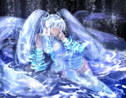  alternate_color detached_sleeves hatsune_miku headphones headset necktie open_mouth sitting skirt snow snowflakes thigh_highs twintails very_long_hair vocaloid white_hair yuki_miku 