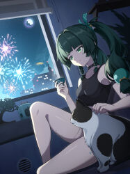  1girl bonsai braid cat cup fireworks full_moon green_eyes green_hair highres holding holding_cup kinokare long_hair moon night qingyi_(zenless_zone_zero) smile twin_braids twintails zenless_zone_zero 