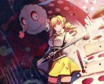  beret blonde_hair cake charlotte_(madoka_magica) drill_hair fingerless_gloves food glint gloves gun hat light_smile magical_girl magical_musket mahou_shoujo_madoka_magica puffy_sleeves rednian rifle thigh-highs thighhighs tomoe_mami weapon witch&#039;s_labyrinth witch's_labyrinth yellow_eyes 