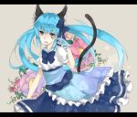  animal_ears aqua_eyes aqua_hair bad_id bow cat_ears cat_tail dress flower gloves hair_bow hatsune_miku letterboxed long_hair misa1007 open_mouth solo tail tattoo twintails very_long_hair vocaloid 