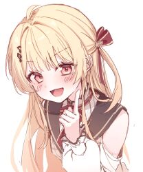  1girl :d absurdres ahoge beamed_eighth_notes blonde_hair blush breasts brown_dress brown_sailor_collar clothing_cutout commentary dot_nose dress eighth_note frilled_sleeves frills gold_trim hair_ornament hair_ribbon hand_up highres hololive hololive_dev_is leaning_forward long_hair long_sleeves looking_at_viewer loose_hair_strand musical_note musical_note_hair_ornament neck_ribbon one_side_up open_mouth otonose_kanade otonose_kanade_(1st_costume) plaid_clothes plaid_dress pointing puffy_sleeves red_eyes red_ribbon ribbon sailor_collar sarin_(seoling) shirt shoulder_cutout sidelocks simple_background small_breasts smile solo untranslatable_commentary upper_body v-shaped_eyebrows virtual_youtuber white_background white_shirt 