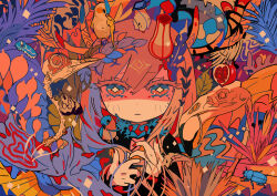  1girl animal_skull beetle bird bird_skull braid bug commentary english_commentary fish food fruit hair_between_eyes hair_ornament hands_up leaf ligne_claire long_hair long_sleeves looking_at_viewer mole mole_under_eye moth nail_polish original plant pomegranate red_nails skull solo terada_tera turtle upper_body yellow_eyes 