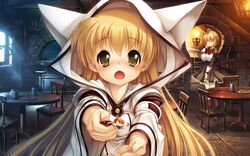  2girls :&lt; antenna_hair blonde_hair blush boots cat_hood chair christo_mu closed_eyes eyes_closed feeding female game_cg hand_on_check hand_on_cheek hand_on_own_cheek hand_on_own_face hitomaru hood lily_(seirei_tenshou) multiple_girls open_mouth pov_feeding seirei_tenshou spoon table yellow_eyes 