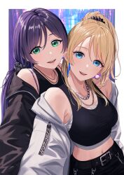  2girls absurdres ayase_eli black_jacket black_scrunchie black_tank_top blonde_hair blue_eyes bra_strap chain chain_necklace commentary_request earrings green_eyes hair_ornament hair_scrunchie highres jacket jewelry logo long_hair looking_at_viewer love_live! love_live!_school_idol_project midriff multiple_girls navel necklace open_clothes open_jacket outside_border s_sho_mkrn scrunchie tank_top tojo_nozomi white_jacket 