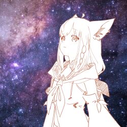  1girl absurdres ahoge animal_ear_fluff animal_ear_piercing animal_ears braid closed_mouth commentary_request detached_sleeves dot_nose double-parted_bangs drawstring expressionless fox_ears fox_girl front_slit greyscale_with_colored_background hair_ribbon highres hololive hood hood_down hooded_vest hoodie hyde_(tabakko) long_hair looking_up low_ponytail nebula neckerchief photo_background ponytail ribbon shirakami_fubuki shirakami_fubuki_(1st_costume) shorts side_braid sidelocks sky solo space star_(sky) stargazing starry_sky starry_sky_background strapless two-sided_hood upper_body vest virtual_youtuber wide_sleeves 