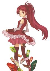  bakemonogatari boots box food long_hair mahou_shoujo_madoka_magica monogatari_(series) parody pocky ponytail red_eyes red_hair redhead sakura_kyouko solo thigh-highs thighhighs touyama_(terada) 