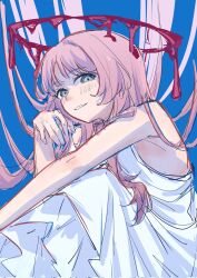  1girl bang_dream! bang_dream!_it's_mygo!!!!! chihaya_anon chinese_commentary commentary_request dazhong_(dazhong02312) dress grey_eyes halo highres long_hair open_mouth pink_hair sleeveless sleeveless_dress solo white_dress 