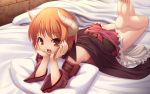  :d barefoot bed brown_eyes brown_hair chin_rest christo_wu demon_girl detached_sleeves feet game_cg hitomaru horns lying on_stomach open_mouth pillow seirei_tenshou short_hair smile soles solo succubus toes 