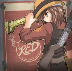  2000s_(style) background_text belt belt_buckle brown_eyes brown_hair edit engineer engineer_(tf2) goggles gold grid hard_hat overalls patchwork_clothes red_shirt red_team rolled_sleeves short_hair shotgun side_profile team_fortress_2 tf2 valve wrench yellow_gloves yellow_hat 