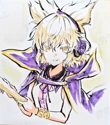  1girl artist_name black_ribbon blonde_hair cape chinese_commentary closed_mouth commentary_request earmuffs highres l0e9s29p looking_at_viewer neck_ribbon ofuda ofuda_on_clothes pointy_hair purple_cape ribbon ritual_baton shirt short_hair sleeveless sleeveless_shirt smile solo touhou toyosatomimi_no_miko traditional_media upper_body watermark watermark_grid white_shirt yellow_eyes 