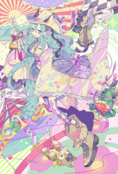  1girl animal_ears arrow_(projectile) bell blue_eyes blue_hair boots braid chess_piece chinese_zodiac commentary ema full_body hamaya hat holding holding_arrow horse_ears japanese_clothes kimono long_hair looking_at_viewer multicolored_hair new_year obi open_mouth original pastel_colors ribbon sash smile solo sunburst thigh-highs very_long_hair wide_sleeves year_of_the_horse yumenouchi_chiharu 