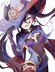 1girl black_choker black_gloves black_hair black_pantyhose blue_capelet blue_hat blue_leotard breasts capelet choker commentary_request createnseitai crescent crescent_hat_ornament detached_sleeves fur_collar genshin_impact gloves gold_trim green_eyes hair_between_eyes hand_on_own_hat hat hat_ornament highres jewelry leotard long_hair looking_at_viewer mona_(genshin_impact) one_eye_closed open_mouth pantyhose small_breasts smile solo sparkle_print star_(symbol) star_hat_ornament twintails witch_hat 