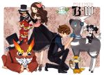  blue_eyes bowtie brown_eyes brown_hair cane clothed_pokemon cottonee darmanitan darumaka darumakka dress facial_hair flower gothorita hat joanna_(mojo!) monocle mustache pokemon pokemon_(game) pokemon_black_and_white pokemon_bw scraggy toes top_hat touko_(pokemon) touya_(pokemon) tuxedo vanillite watermark 