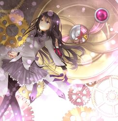  akemi_homura black_hair gears hairband highres long_hair magical_girl mahou_shoujo_madoka_magica pantyhose purple_eyes solo tears ujou_kazuki violet_eyes 