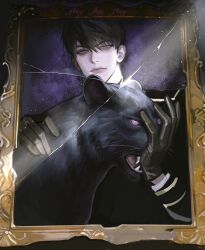  1boy artist_name black_gloves black_hair black_jacket black_panther broken_glass caleb_(love_and_deepspace) flog12138 glass gloves hair_between_eyes highres jacket looking_at_viewer love_and_deepspace male_focus military_uniform petting picture_frame portrait purple_background short_hair upper_body violet_eyes 